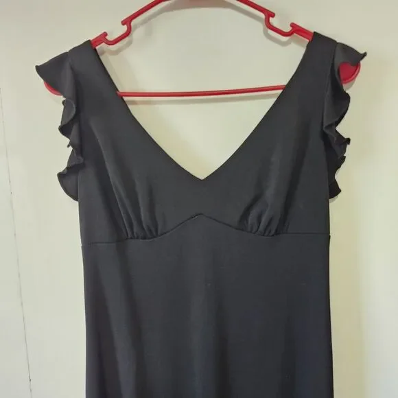Vintage La Belle Black Dress Y2K V-Neck Ruffle Cap Sleeve Empire Maxi L 90s Y2K - Picture 2 of 10